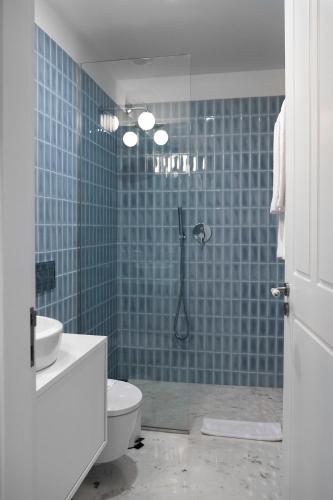 a blue tiled bathroom with a shower and a toilet at Trindade Premium Apartments in Porto