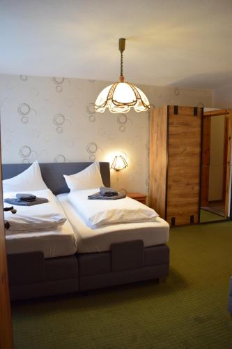 1 Schlafzimmer mit 2 Betten und einem Kronleuchter in der Unterkunft Landhotel "Lichte Aue" Lichtenau in Stützengrün