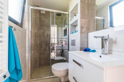 ein Bad mit einer Dusche, einem WC und einem Waschbecken in der Unterkunft Hygge Domek in Junoszyno