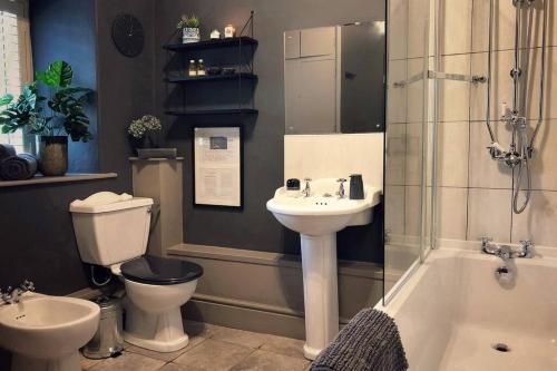 a bathroom with a sink and a toilet and a shower at CELYN - SNOWDONIA COTTAGE in Caernarfon