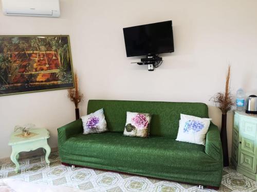 um sofá verde numa sala de estar com uma televisão em B&B L ORTENSIA em Bolsena