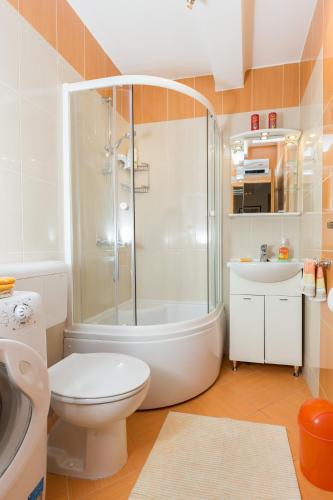 a bathroom with a shower and a toilet and a sink at Apartments Green Harmony in Mlini
