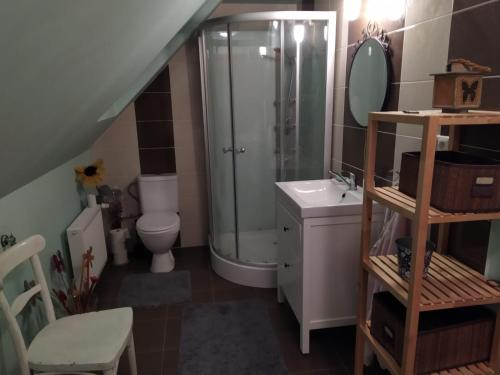 a bathroom with a shower and a toilet and a sink at Luxury accommodation near Prague airport in Středokluky