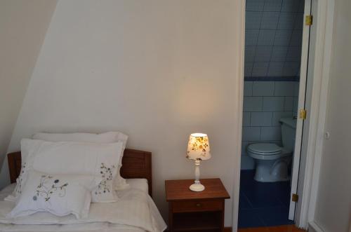 1 dormitorio con 1 cama y 1 lámpara en una mesa en Los Araucanos en Santiago