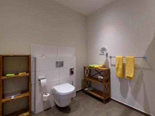 a bathroom with a white toilet and a shower at Sielhof Ditzum, 45222 in Ditzum