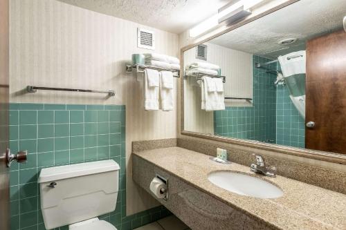 a bathroom with a sink and a toilet and a mirror at Quality Inn & Suites in Albert Lea