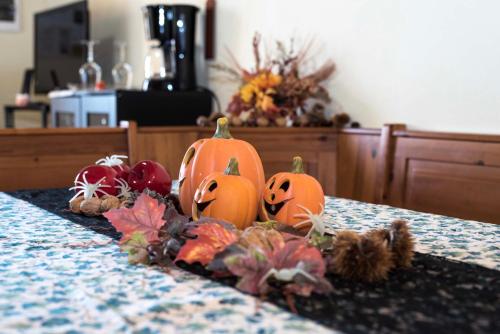 two pumpkins sitting on top of a table at Sunflower in Palaia