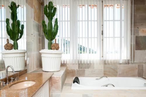 a bathroom with a tub and two potted plants at Prestige Property - Da Costa in Rio de Janeiro