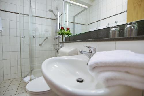 a bathroom with a sink and a toilet and a mirror at Landhotel Villa Moritz garni in Oberahr