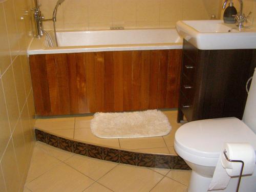 a bathroom with a toilet and a sink and a tub at Apartament na kurzej stopce in Malbork