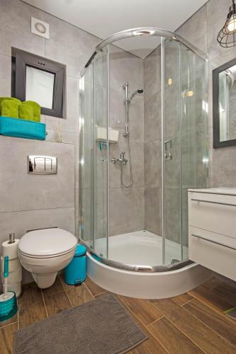 a bathroom with a shower and a toilet at Ośrodek Promenada- Domki in Jastrzębia Góra