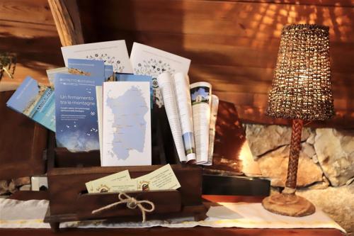 a table with a lamp and some books and a lamp at Pinnetta Sarda in Codrongianos