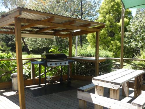 a picnic table and a grill on a wooden deck at Solomon Inn Motel Figtree in Wollongong