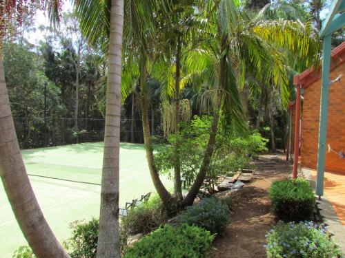 a tennis court with palm trees next to a house at Shelly Beach Resort in Port Macquarie