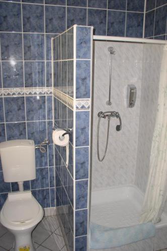 a blue tiled bathroom with a toilet and a shower at Hotel Bona in Krakow