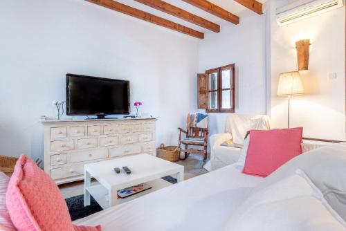 a living room with a white bed and a tv at Villa Can Got in Sóller