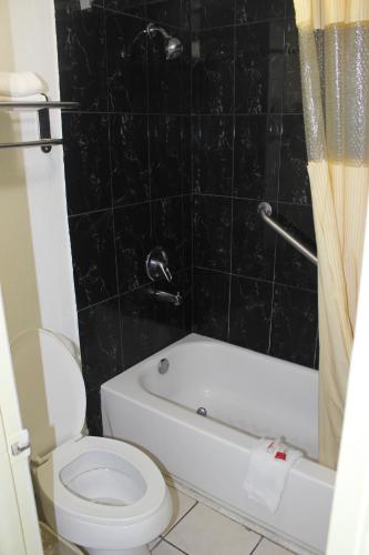 a bathroom with a white toilet and a bath tub at Tampa Inn Near Busch Gardens in Tampa