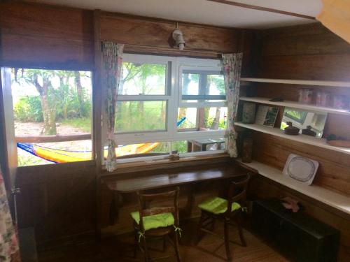 Habitación con escritorio y ventana con taburetes. en Cabaña Rio Lagarto en Lívingston