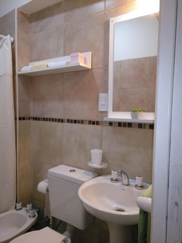 a bathroom with a toilet and a sink and a mirror at Echague y Cura A Montiel in Paraná