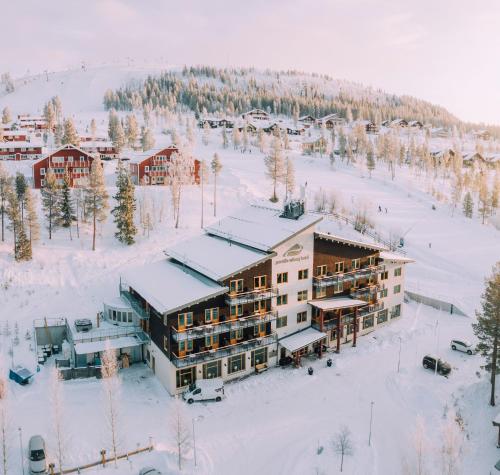 an aerial view of a ski lodge in the snow at Pernilla Wiberg Hotel in Idre