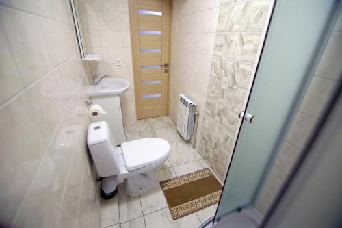 a small bathroom with a toilet and a shower at Апартаменти Маяк in Odesa
