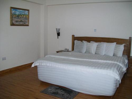1 dormitorio con 1 cama blanca grande con almohadas blancas en Ampomaah Hotel, en Accra