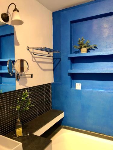 a bathroom with blue walls and a sink at Cortijo El Paraíso in Los Escullos