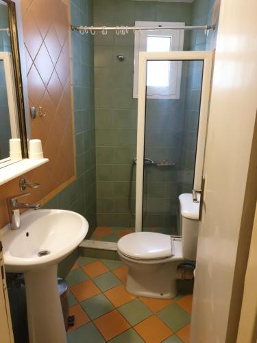 a bathroom with a toilet and a sink and a shower at San Nectarios in Parga