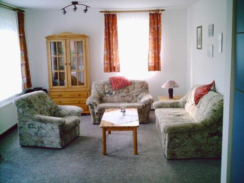 Sala de estar con 2 sofás y mesa de centro en Komfortable Ferienwohnung am Ditzumer Sieltief, 45019, en Jemgum
