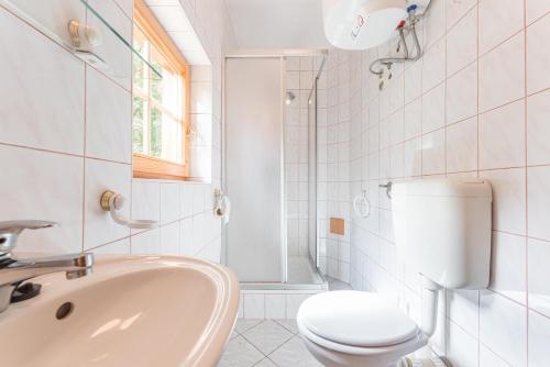 a white bathroom with a toilet and a sink at APARTMENTS ROGLA LUKANJA 1 in Oplotnica