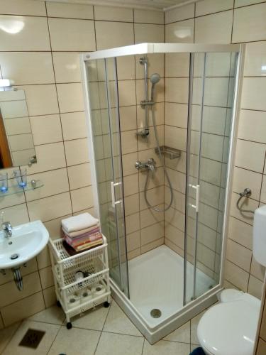 a bathroom with a shower and a sink at Gostilna Pension Blegoš in Poljane nad Škofjo Loko