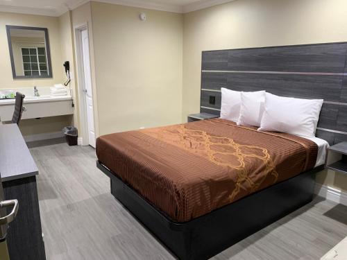 um quarto com uma cama e uma casa de banho com um lavatório em Pacific Inn Anaheim em Anaheim