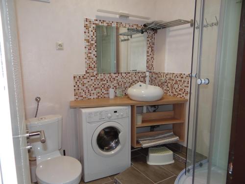 a bathroom with a washing machine and a sink at Villa La Vita in Hévíz