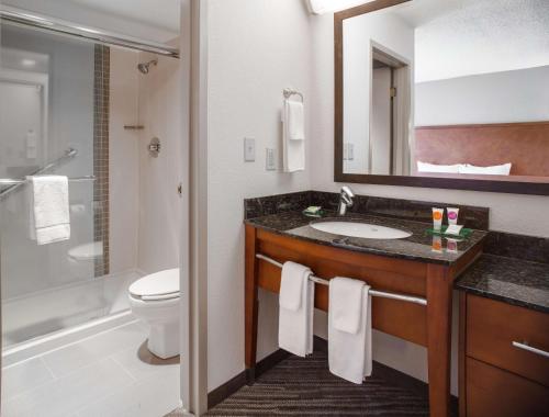 a bathroom with a sink and a toilet and a mirror at Hyatt Place Cincinnati Blue Ash in Blue Ash