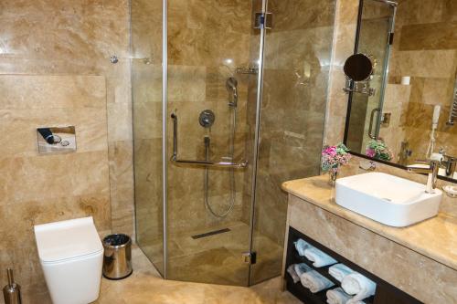 a bathroom with a shower and a toilet and a sink at Konyak Hotel in Yerevan