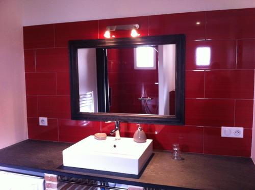 a bathroom with a white sink and a mirror at Domaine du Chêne Crucy in Liré