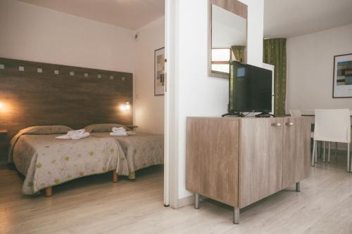 um quarto com uma cama e uma televisão de ecrã plano em Terres de France - Appart'Hotel le Splendid em Allevard