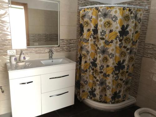 baño con lavabo y cortina de ducha en Teide en Icod de los Vinos