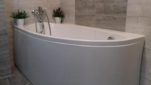 a white bath tub with two potted plants in it at Stella in Sanok