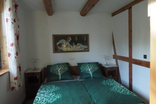 a bedroom with a green bed and a picture on the wall at Schöne gemütliche Ferienwohnung mit Kamin I im Harz in Darlingerode