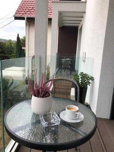 a glass table with a cup of coffee on a balcony at Luxury Apartments 88 in Smederevo