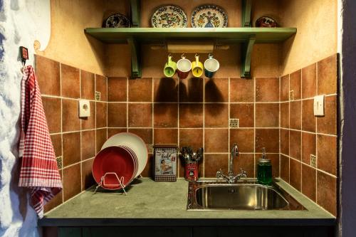 a kitchen with a sink and plates on a tiled wall at Kanto's Guesthouse in Stemnitsa