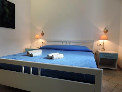 sypialnia z łóżkiem z dwoma ręcznikami w obiekcie La casetta celeste w mieście Tertenìa