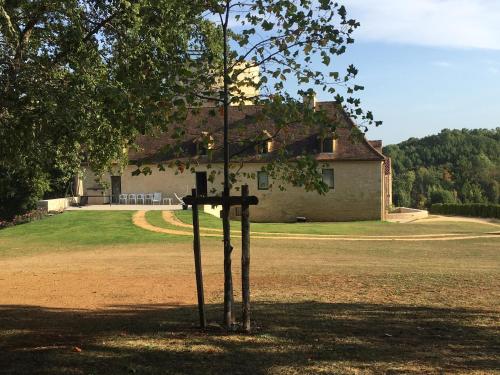 a tree in the middle of a yard with a house at La Tour de Ginaillac in Les Arques