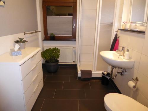 een badkamer met een wastafel en een toilet bij weiss-ferienwohnung in Quedlinburg