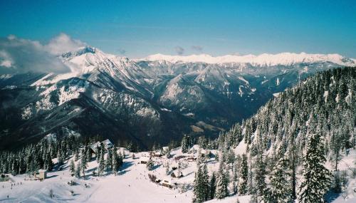 a snowy mountain range with trees and snow covered mountains at Jagodic Garni Hotel in Cerklje na Gorenjskem