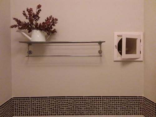 a shelf in a bathroom with a microwave and flowers at Dimora del Castellano in Gioia del Colle