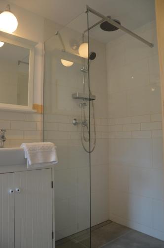a shower in a bathroom with a ceiling at Osada Leonówka Bieszczady in Cisna