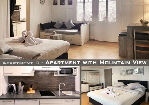 two pictures of a room with two beds and a kitchen at Chalet Maria Interlaken in Interlaken
