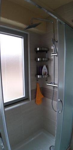 La salle de bains est pourvue d'une douche et d'une fenêtre. dans l'établissement BILOCALE N.10, à Passo del Tonale